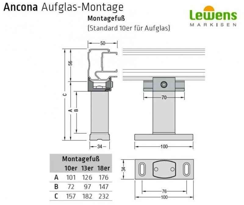 Montagefuße inkl. Schienenhalter - für Lewens Anconan Aufglasmarkise
