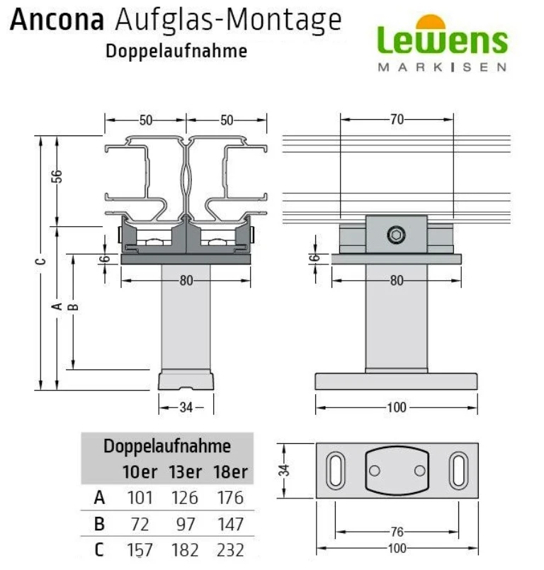 Doppelaufnahme inkl. Schienenhalter - für Lewens Anconan Aufglas und Unterglas markise