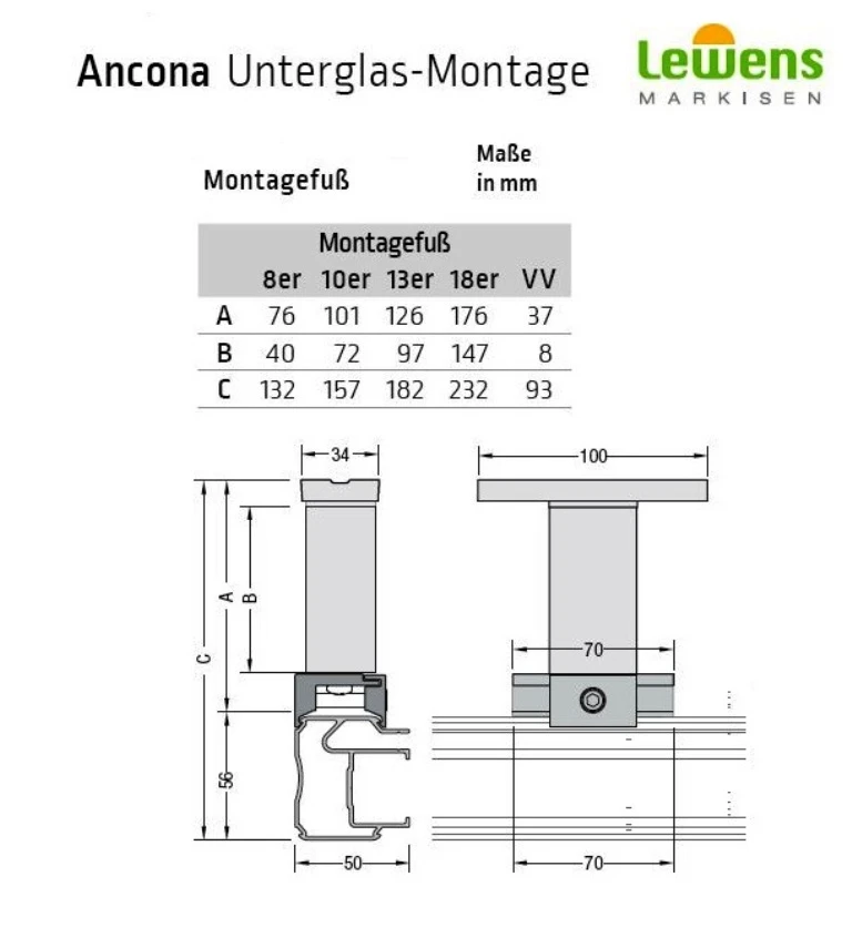 Montagefuß inkl. Schienenhalter - für Lewens Anconan Unterglasmarkise 