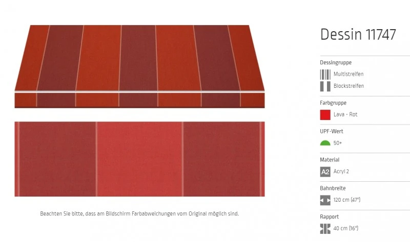 Markisentuch Multi und Blockstreifen, Lava - Rot UPF 50+, Acryl 2, Stoff-Nr. 11747