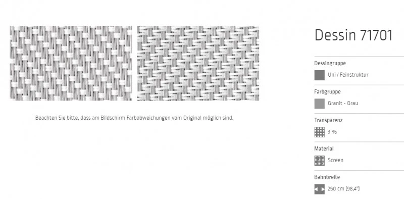 Markisentuch Screen-Gewebe, Granit - Grau Transparenz 3 Prozent, Stoff-Nr. 71701