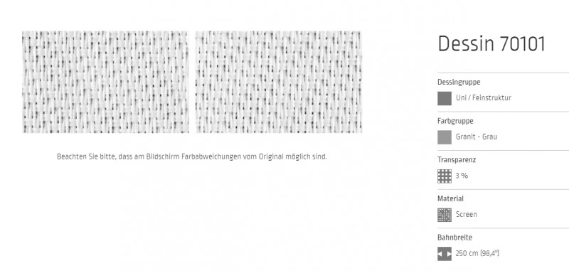 Markisentuch Screen-Gewebe, Granit - Grau Transparenz 3 Prozent, Stoff-Nr. 70101